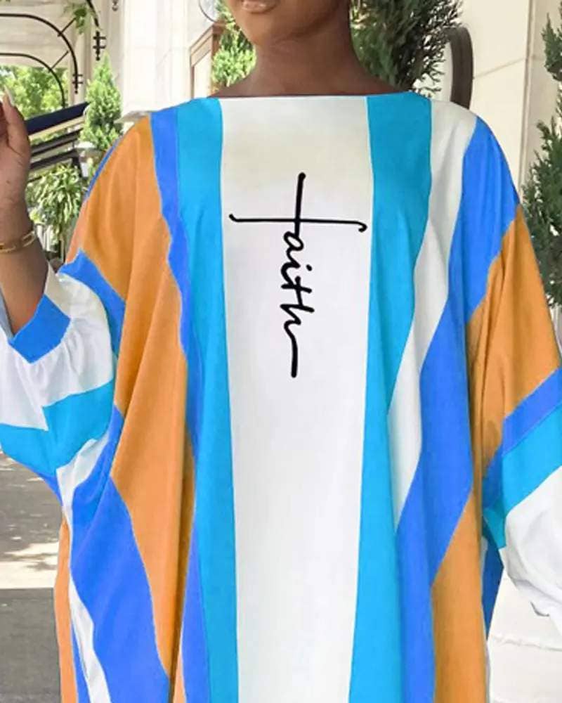 Print colorblock lantern sleeve casual dress