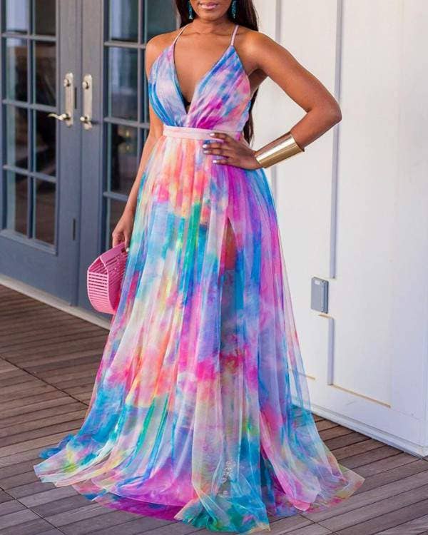 Dye print crisscross backless large bottom dress