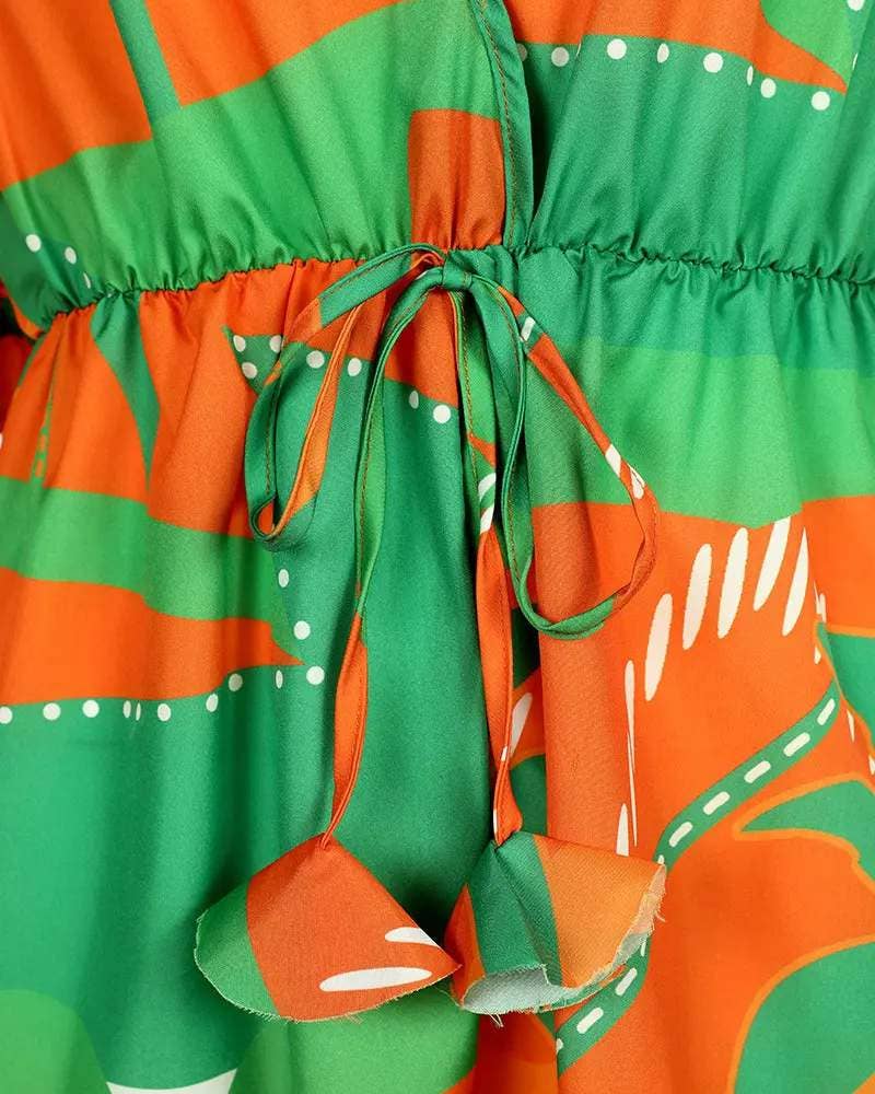 Tropical print drawstring deep v neck romper