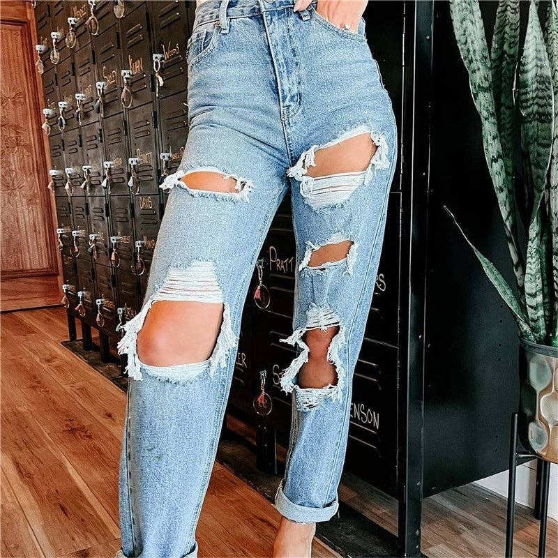 High-Waisted Casual Straight Leg Ripped Pants