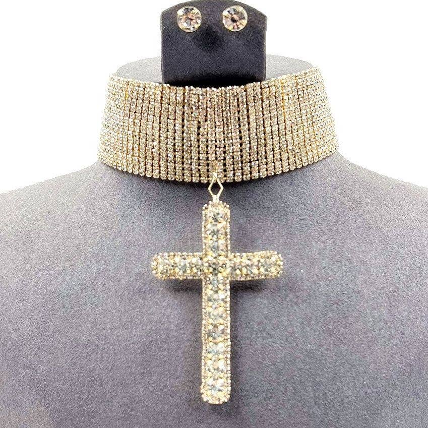 Sparkling Huge Cross Choker Rhinestone Necklace