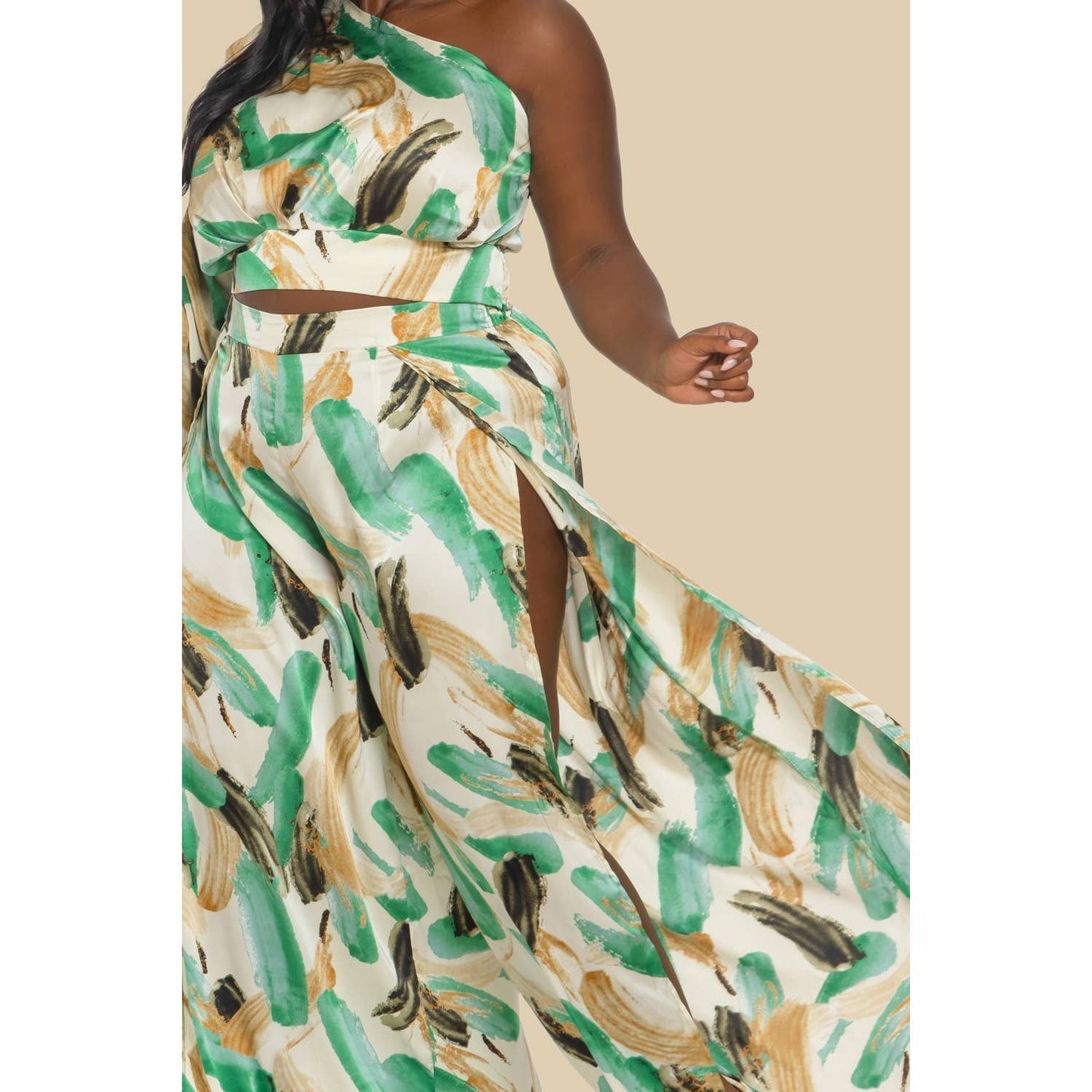 PLUS PRINED ONE SHOULDER TOP AND PANTS SETS