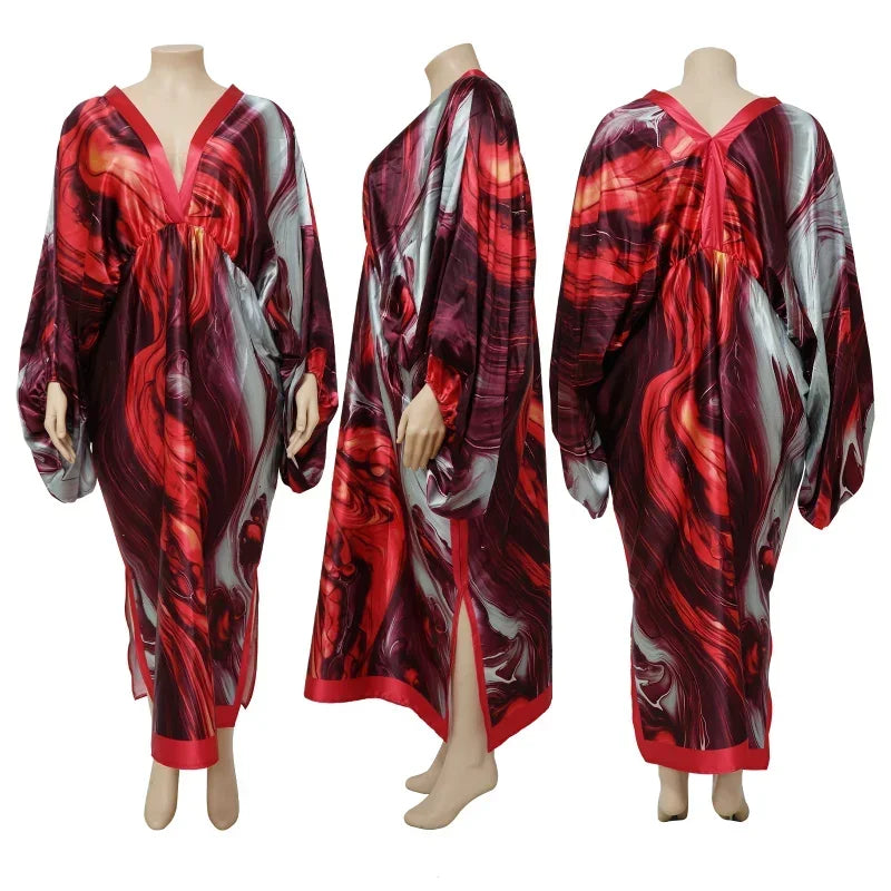 KEXU Plus Size Women Loose Casual Print Maxi Long Dresses 2024 Summer Batwing Long Sleeve V-neck Elegant Streetwear Dress