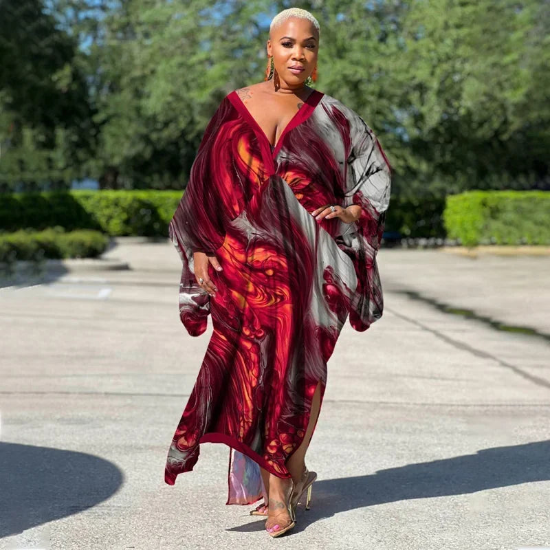 KEXU Plus Size Women Loose Casual Print Maxi Long Dresses 2024 Summer Batwing Long Sleeve V-neck Elegant Streetwear Dress