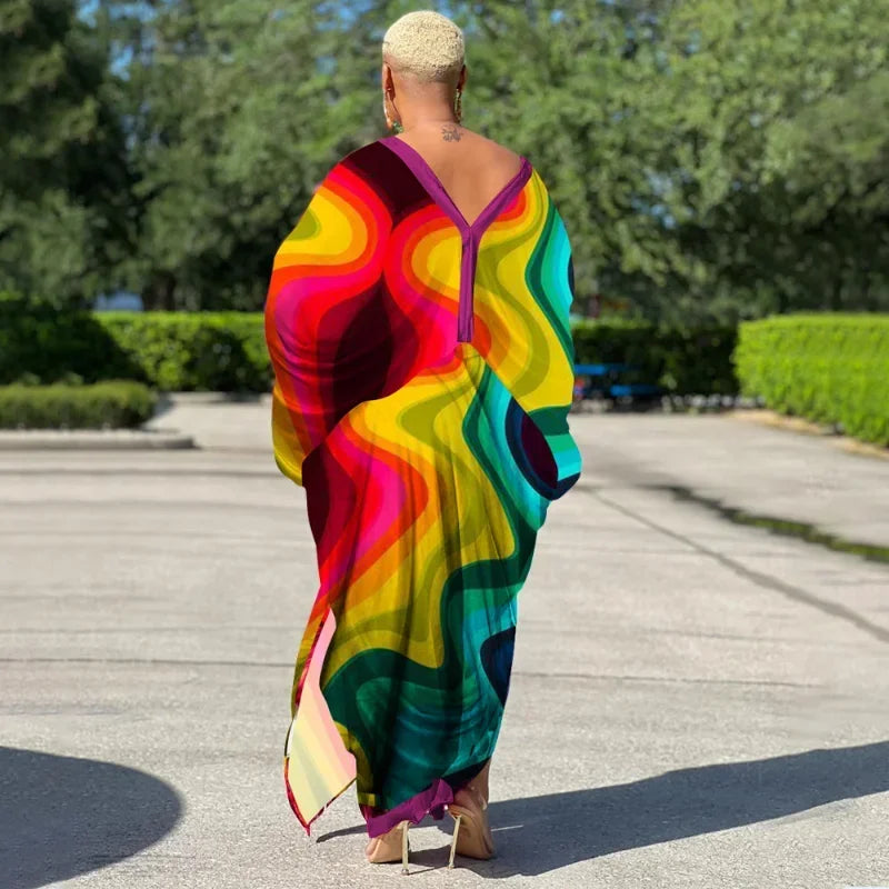 KEXU Plus Size Women Loose Casual Print Maxi Long Dresses 2024 Summer Batwing Long Sleeve V-neck Elegant Streetwear Dress