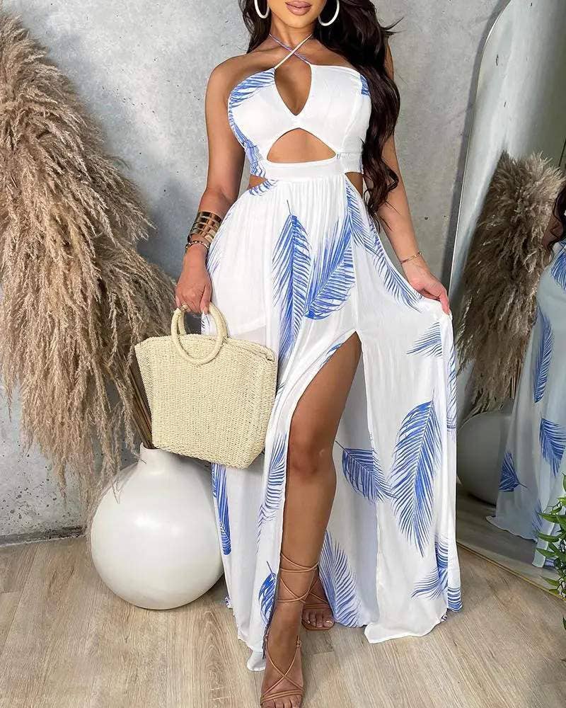 Leaf print cutout high slit maxi dress