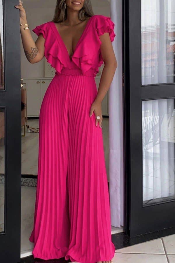 Deep V-neck, High-Waisted Sexy Peplum Pleated Wide-Leg Jumpsuit