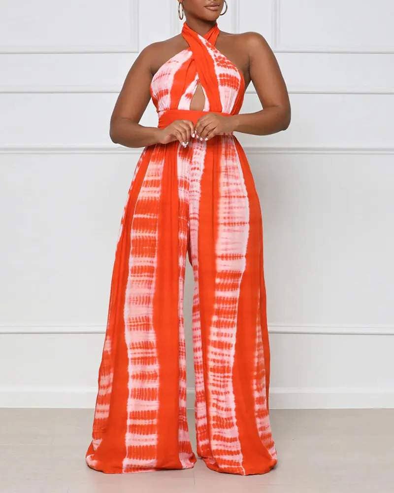 Print halter backless high waist wide leg jumpsuit