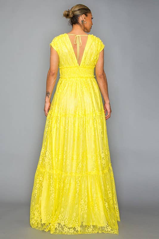 Allover Lace Smocking Waist Ruffled Maxi Dress DM3107.