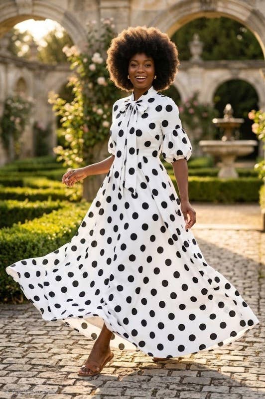 Polka Dot Tie Neck Maxi Dress
