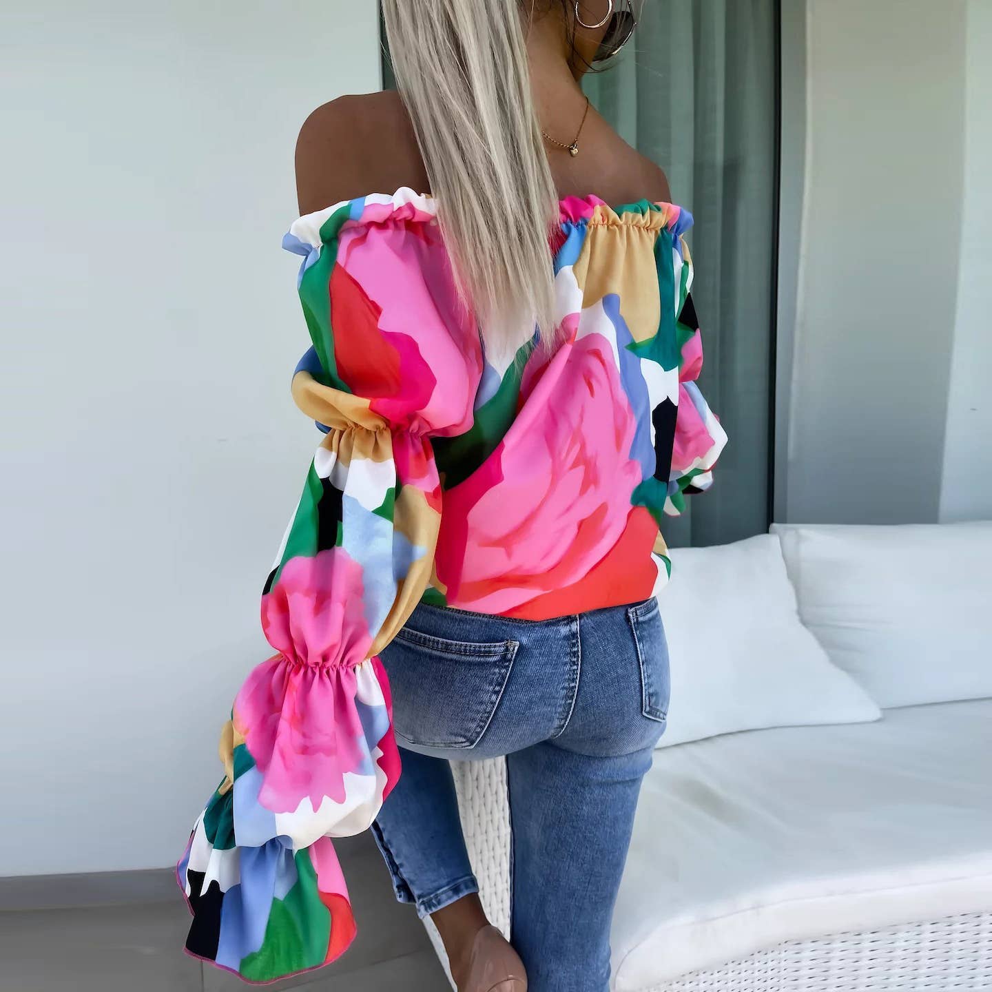 Off-Shoulder Printed Loose-Fit Blouse