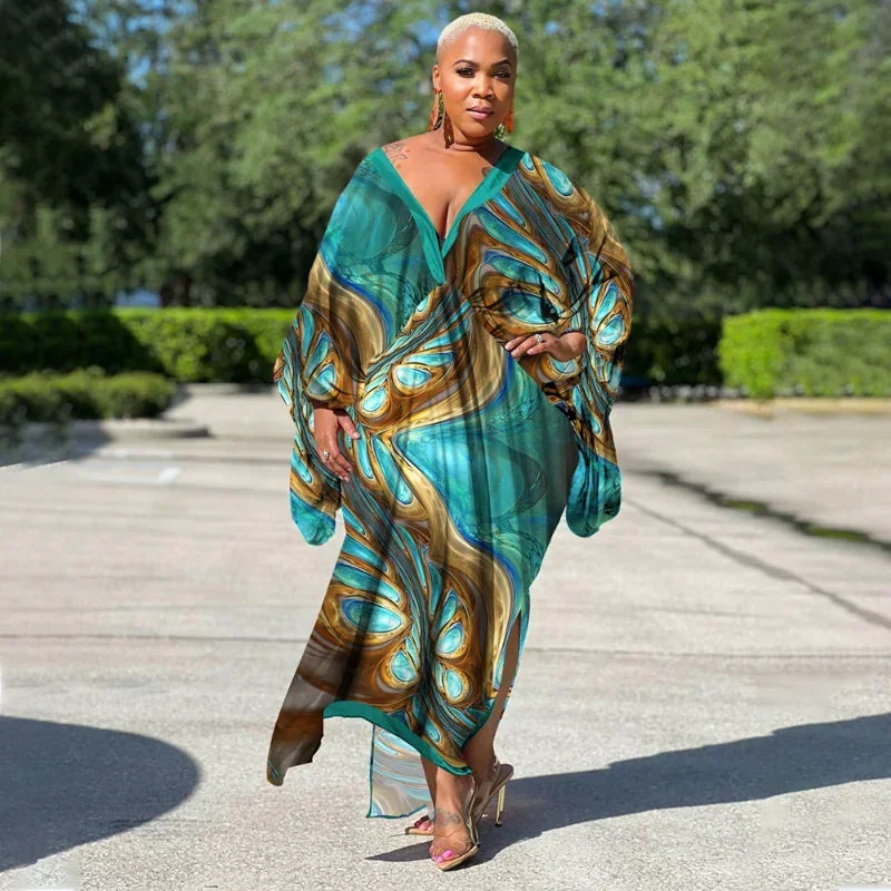 KEXU Plus Size Women Loose Casual Print Maxi Long Dresses 2024 Summer Batwing Long Sleeve V-neck Elegant Streetwear Dress
