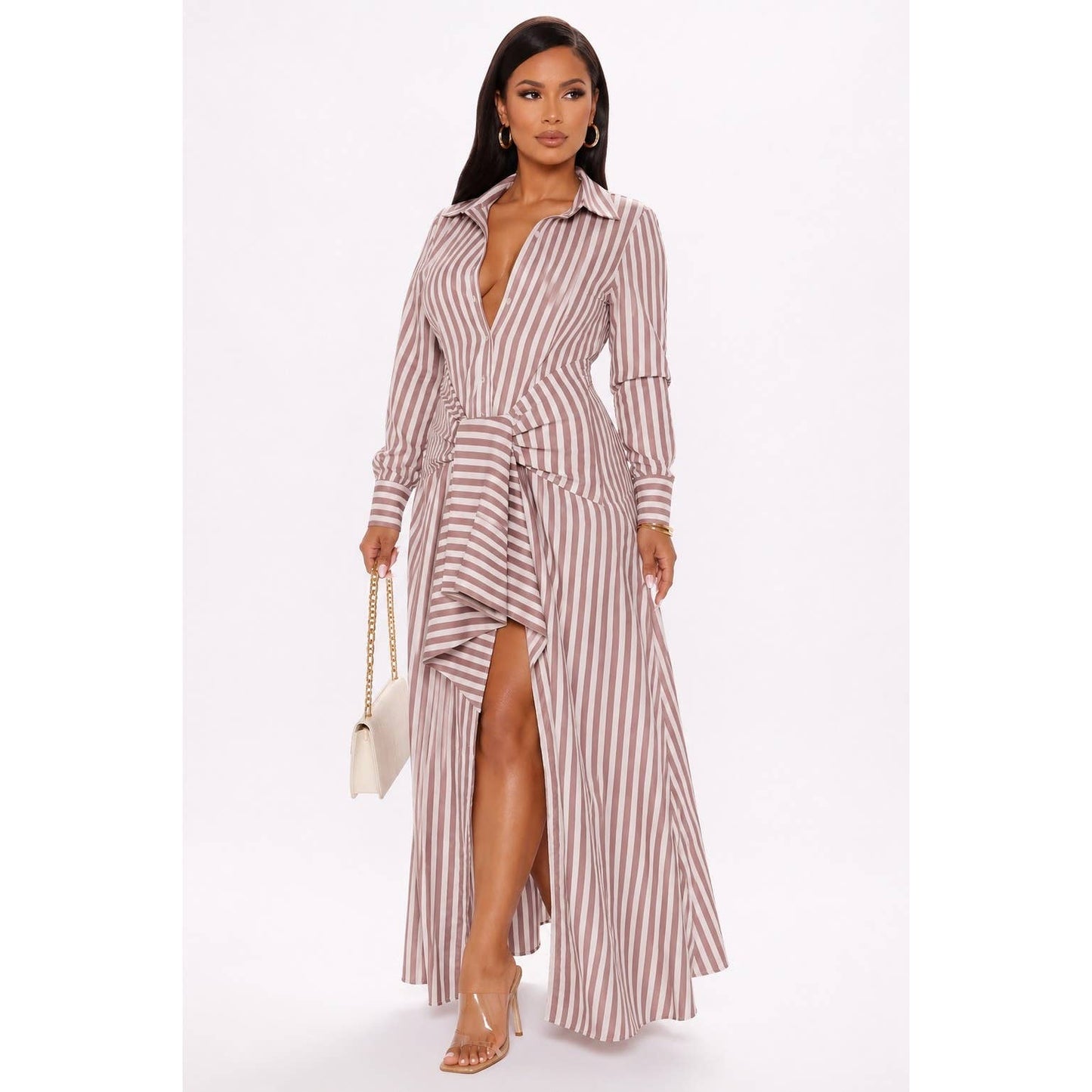 Pinstripe Woven Shirt Tie Waist Maxi Dress