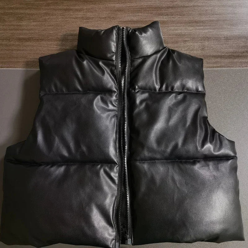 KEXU Zipper Fly Sleeveless Vest Parkas Outcoat Streetwear Casual Faux Leather Jackets Fall Winter Elegant Women Coats