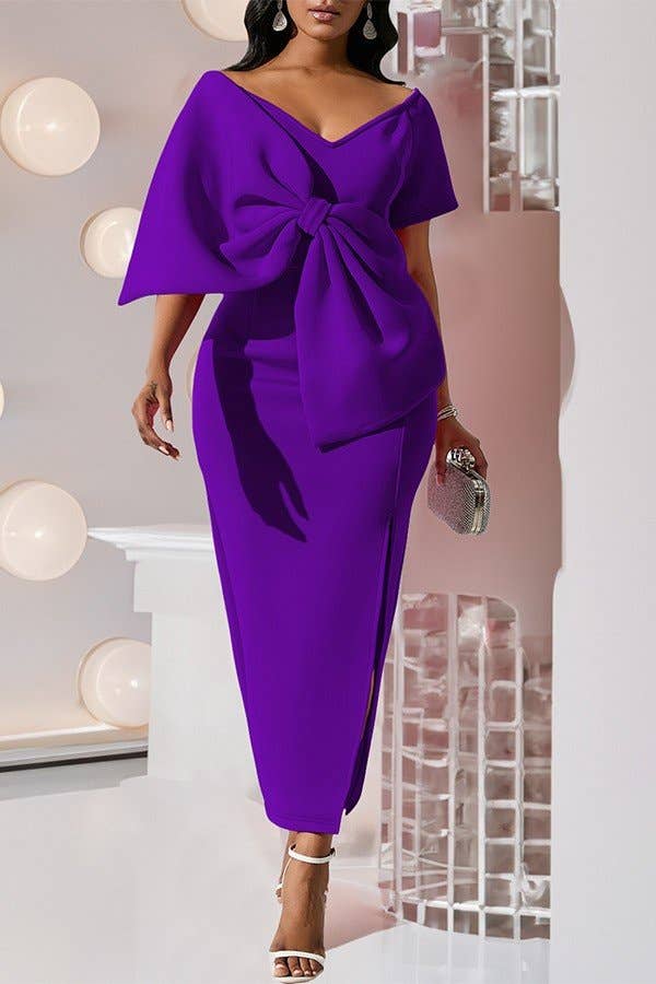 Wrap Hip Bow Accent Slit Dress