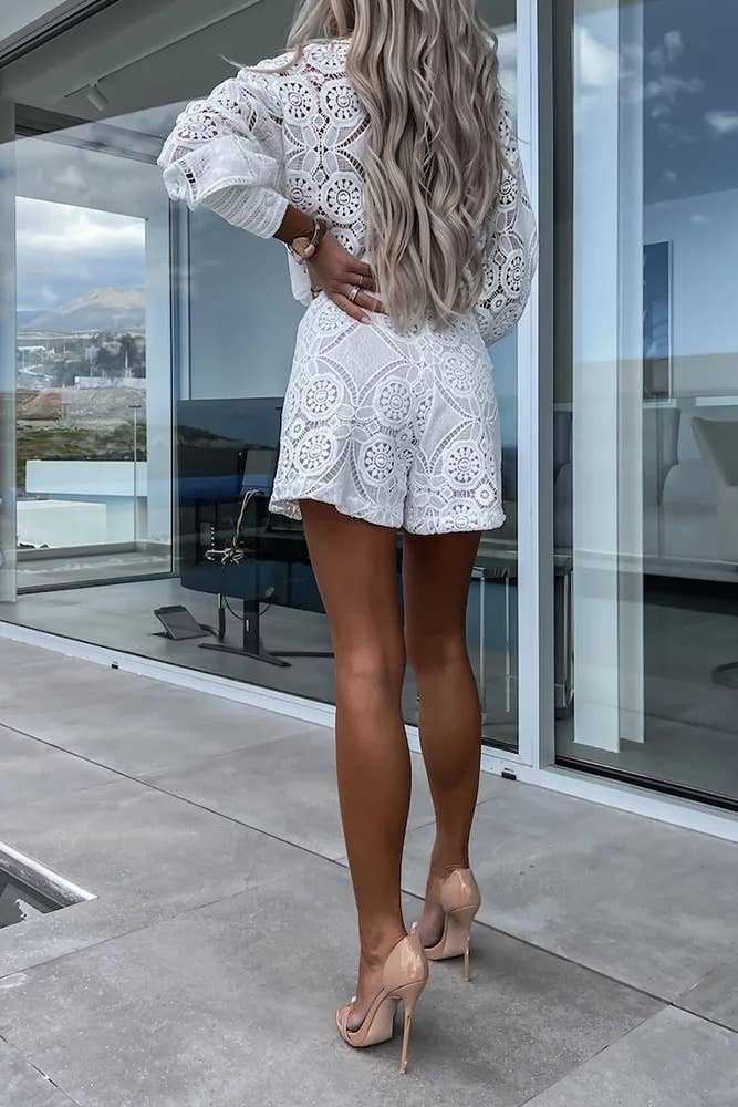 Full Lace Buttoned Blouse With Shorts 2pcs Set ZK1543