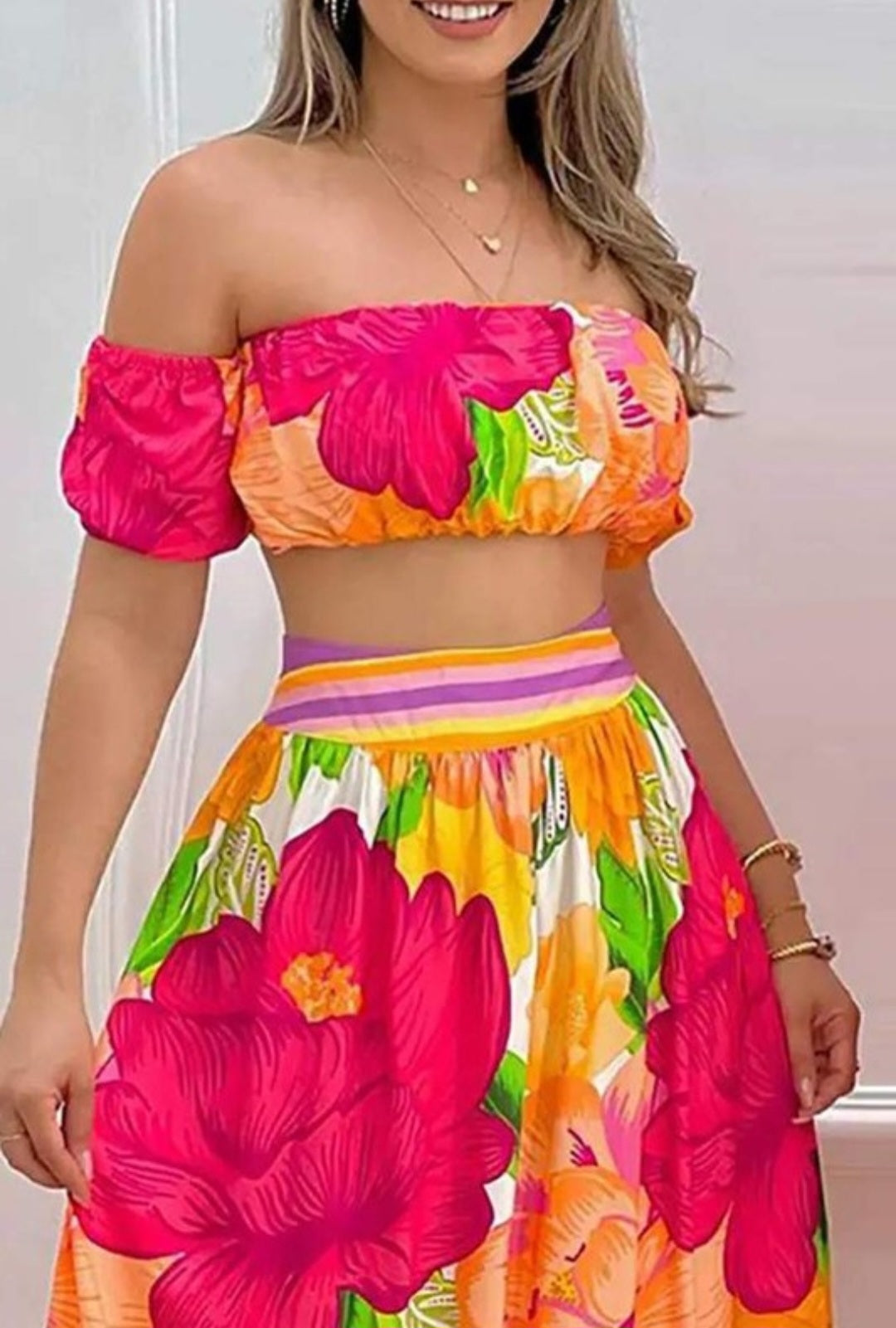 2pc print off shoulder colorful pattern set