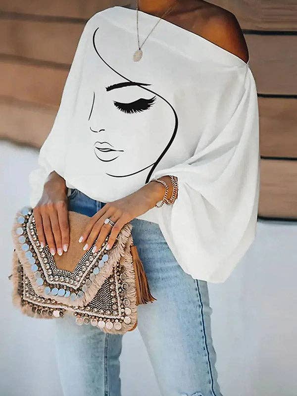 Simple Loose Face Printed Puff Sleeves White T-Shirt