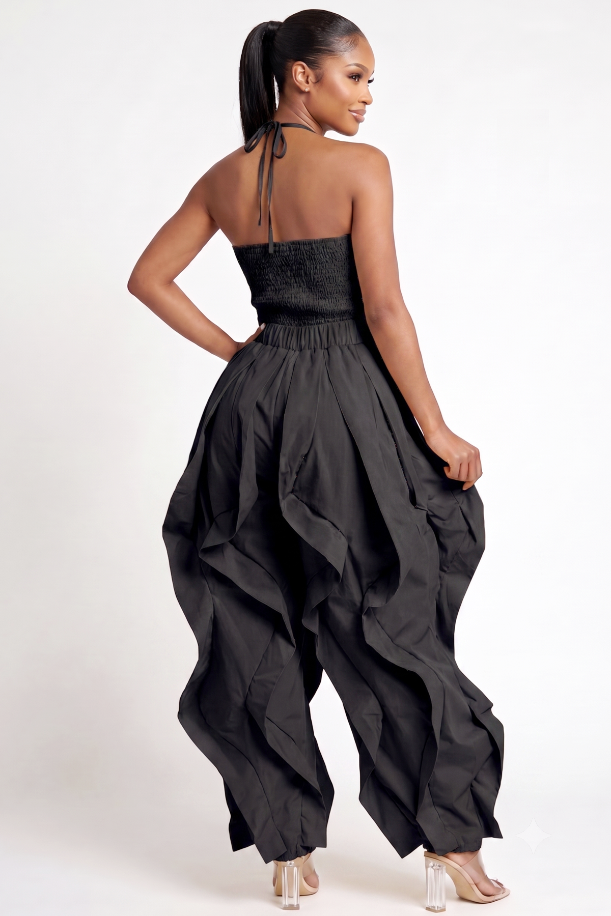 Halter Neck Open Elastic Back Wide Ruffle Leg Jogger Jumpsui