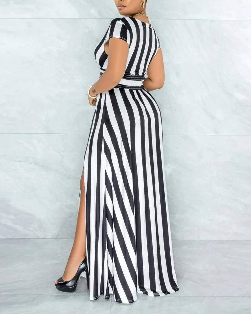 Striped print deep v neck split thigh maxi dress