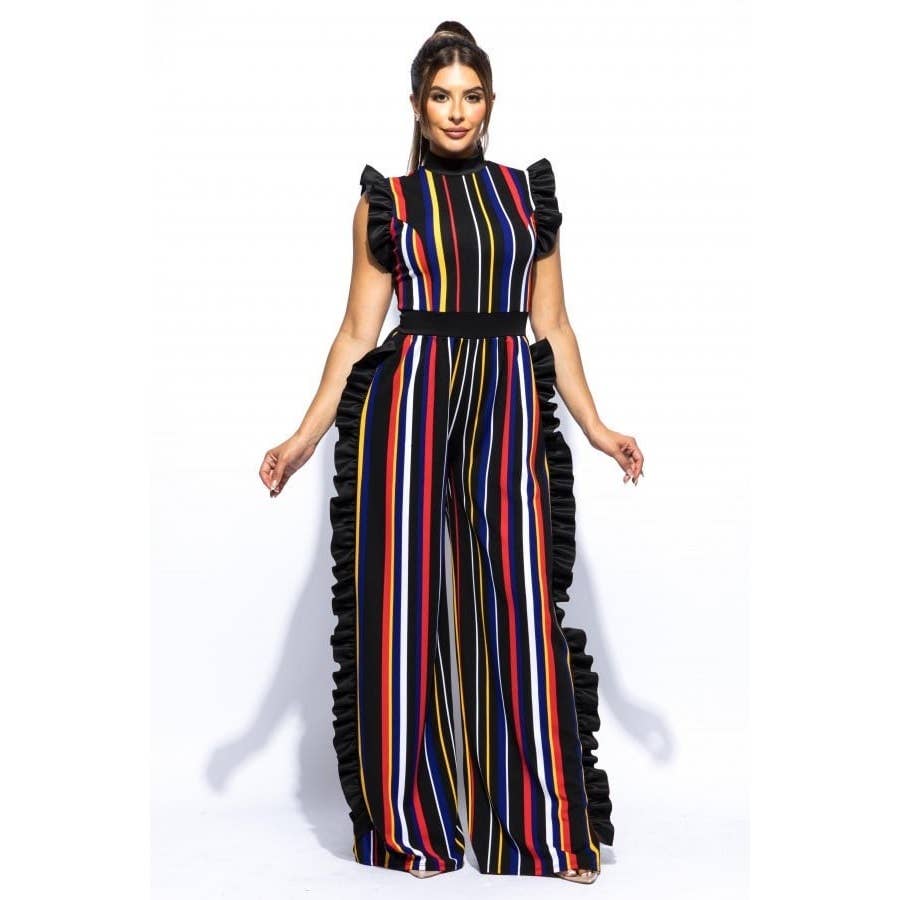 Plus Color Striped Jumpsuit with ruffle