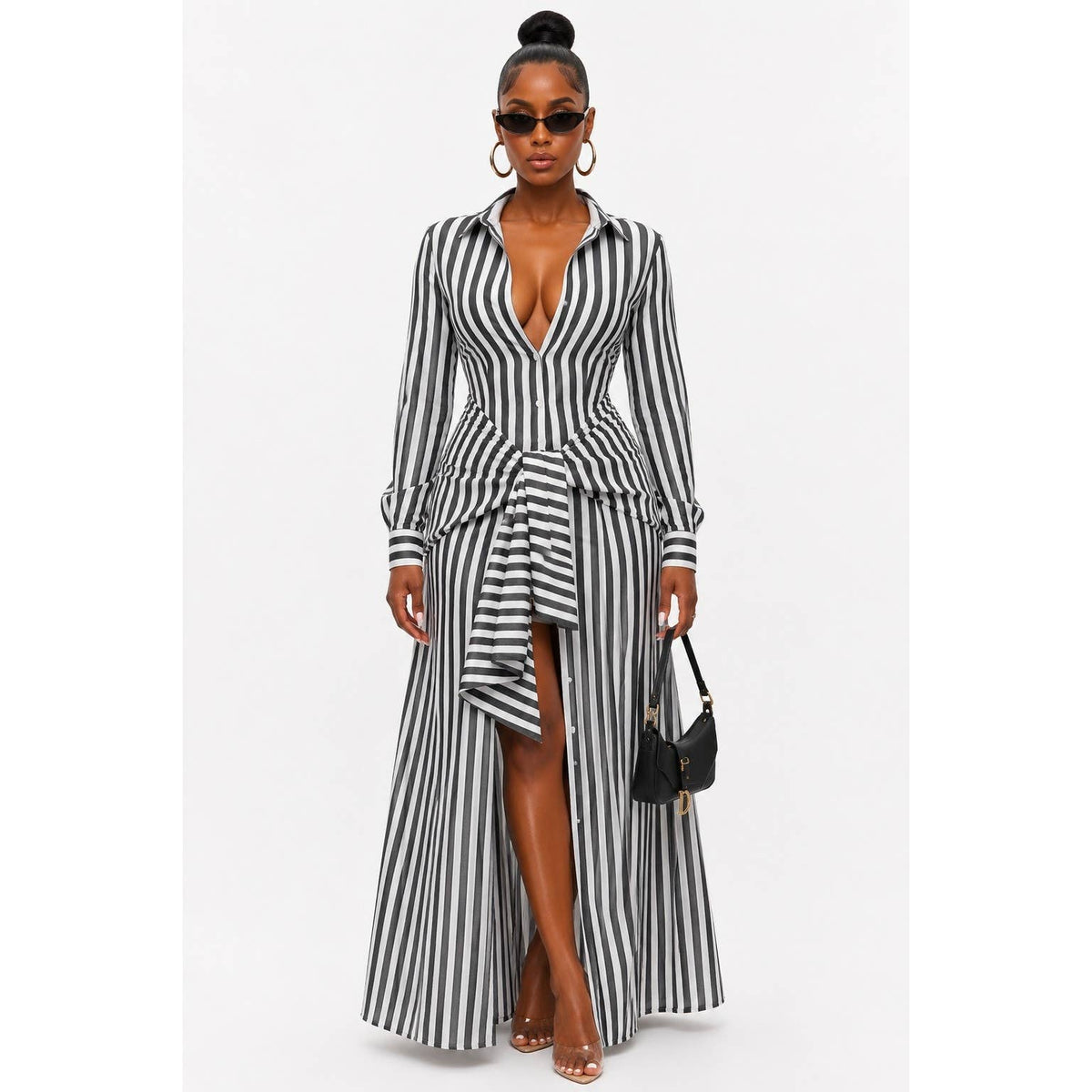 Pinstripe Woven Shirt Tie Waist Maxi Dress