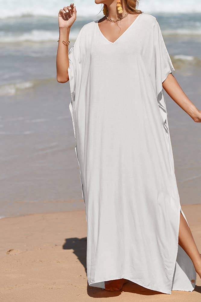 Plain V Neck Side Split Cover Up Beach Dress ZZKF992