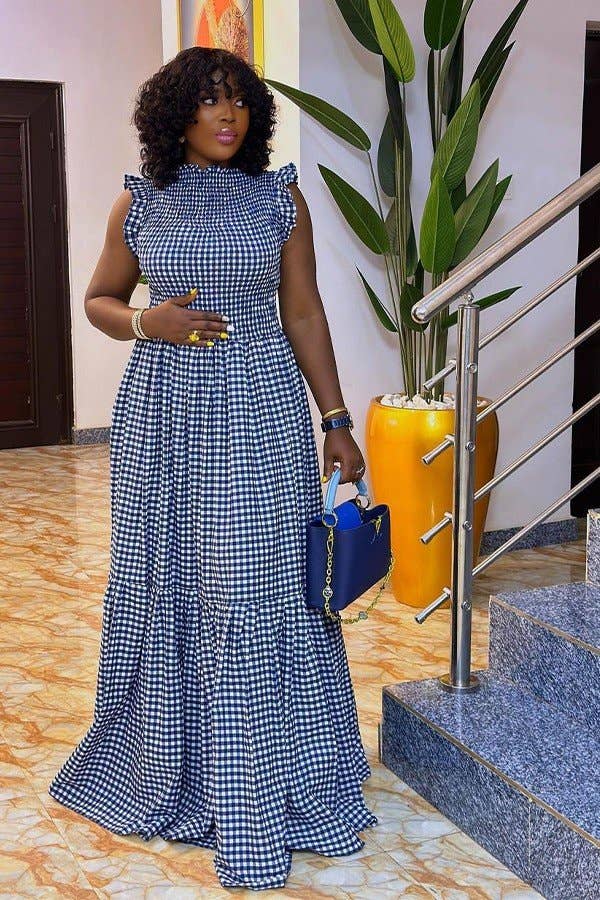 Printed Sleeveless Patchwork Long Dress with Wooden Ear Trim