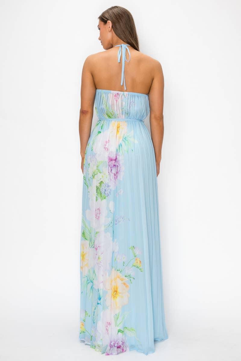 FLORAL PRINTED OPEN BACK PLEATED MAXI DRESS