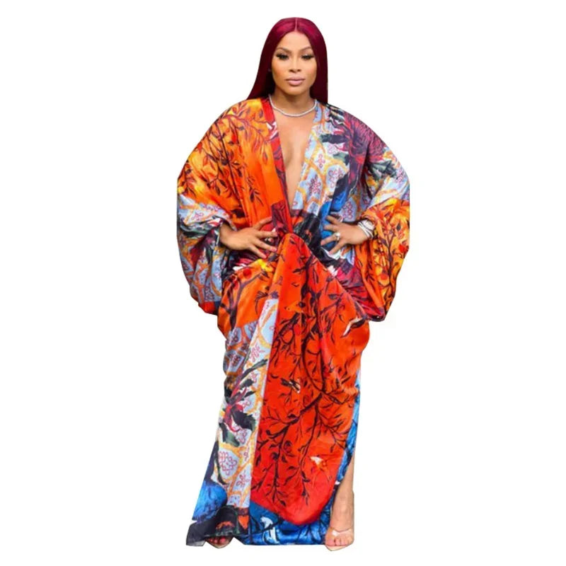 KEXU Plus Size Women Loose Casual Print Maxi Long Dresses 2024 Summer Batwing Long Sleeve V-neck Elegant Streetwear Dress