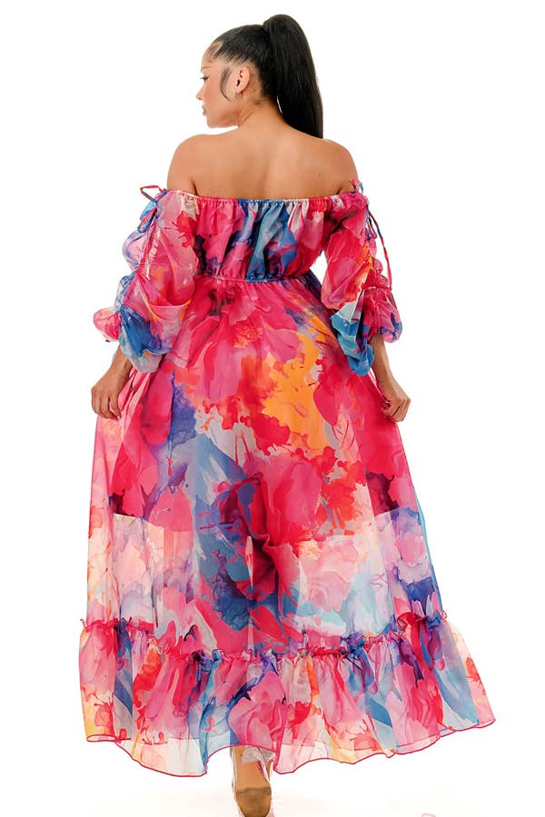 Off Shoulder Balloon Drawstring Maxi Dress