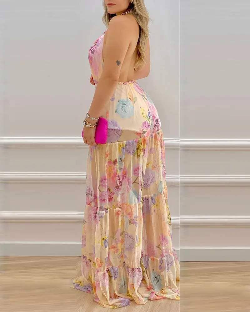 Floral print halter backless chiffon maxi dress