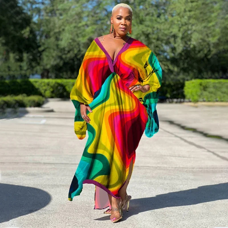 KEXU Plus Size Women Loose Casual Print Maxi Long Dresses 2024 Summer Batwing Long Sleeve V-neck Elegant Streetwear Dress