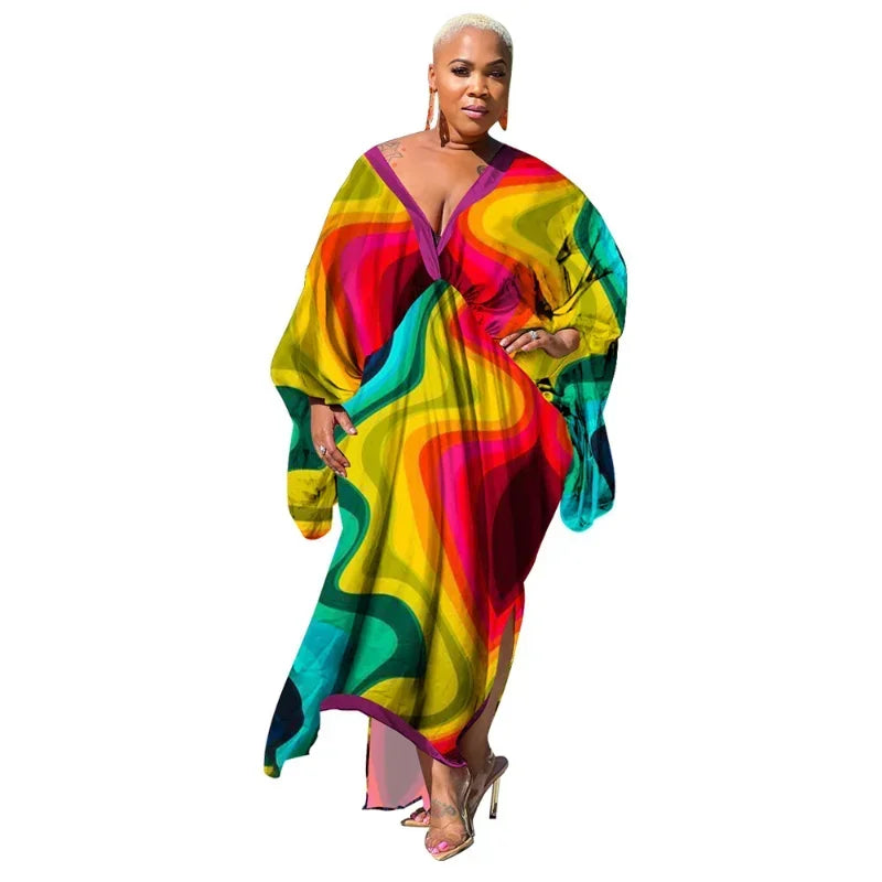 KEXU Plus Size Women Loose Casual Print Maxi Long Dresses 2024 Summer Batwing Long Sleeve V-neck Elegant Streetwear Dress