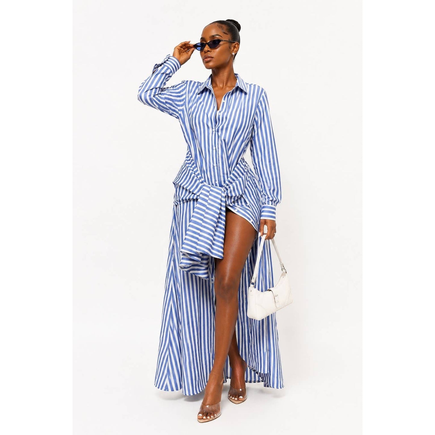 Pinstripe Woven Shirt Tie Waist Maxi Dress