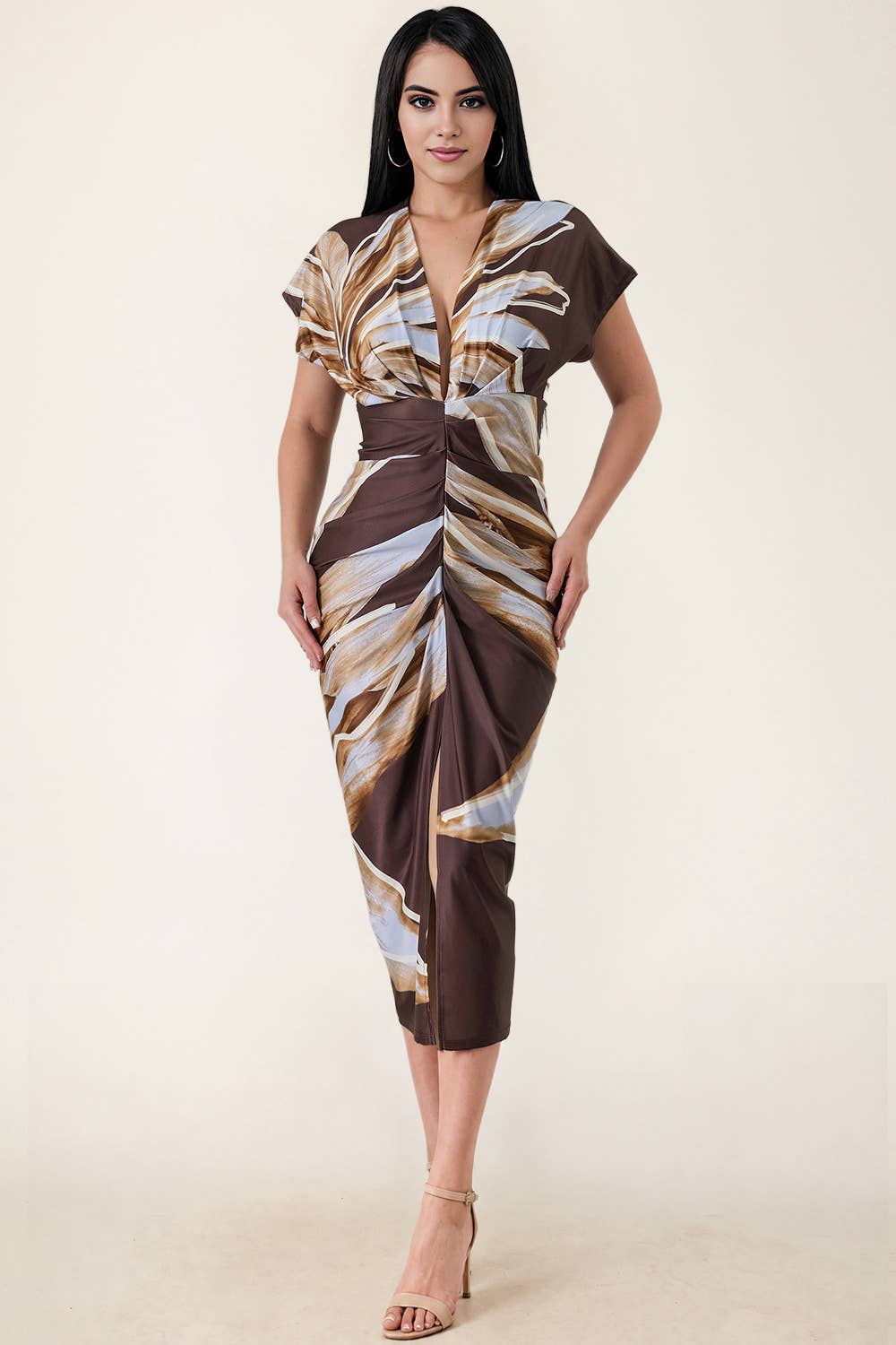 Floral Deep V-neck pleats midi dress
