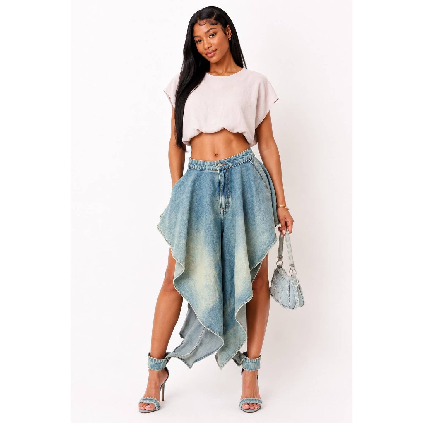 Vintage Washed Denim Asymmetrical Drapped Jeans