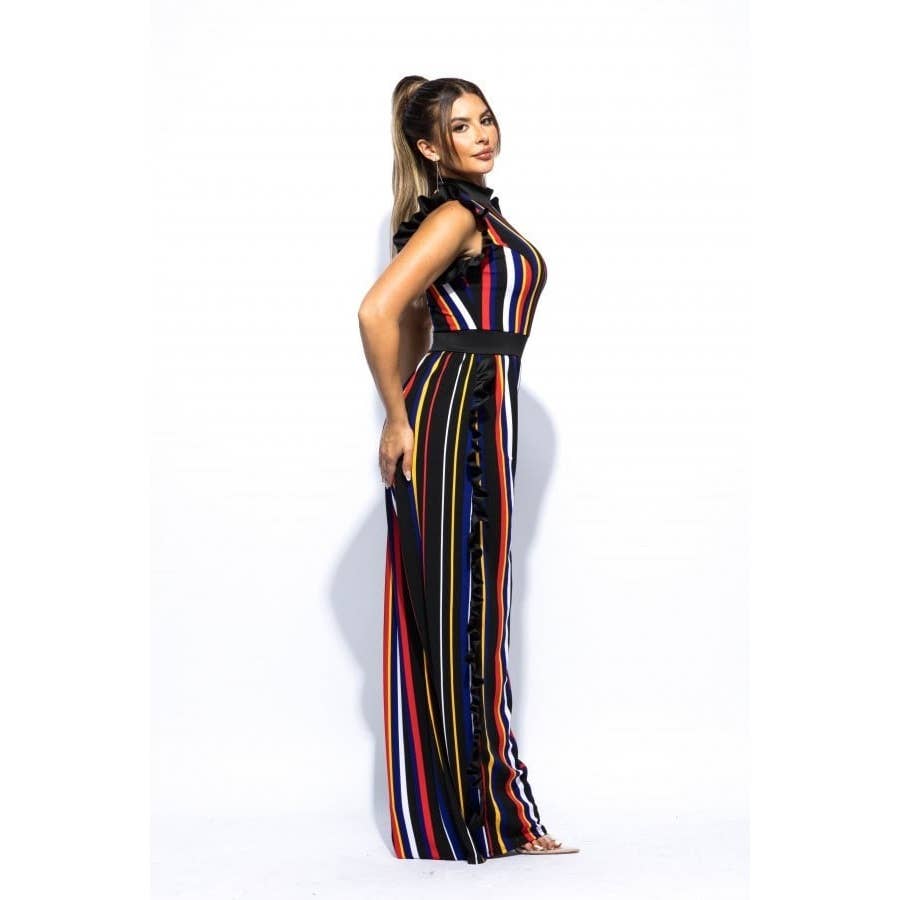Plus Color Striped Jumpsuit with ruffle