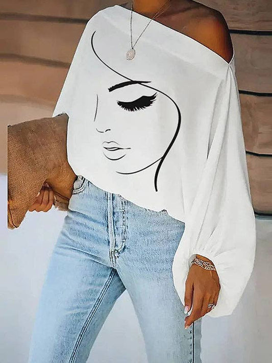 Simple Loose Face Printed Puff Sleeves White T-Shirt