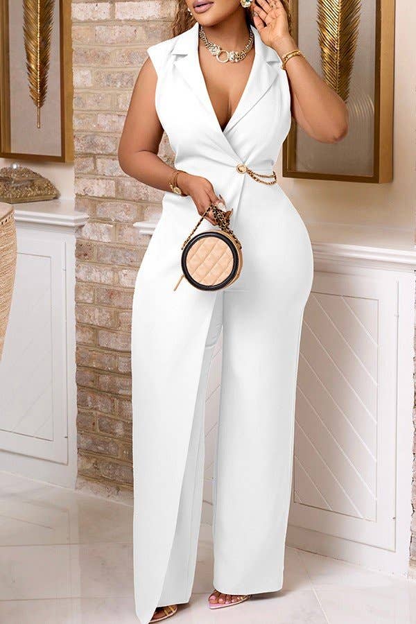 Blazer Collar Belted Wide Leg Jumpsuit