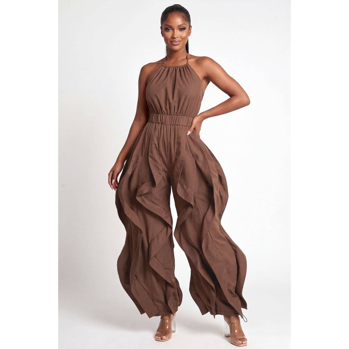 Halter Neck Wide Ruffle Leg Jogger Jumpsui