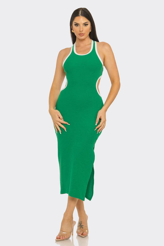 Round Neck Open Back Detail Side Slit Maxi Dress