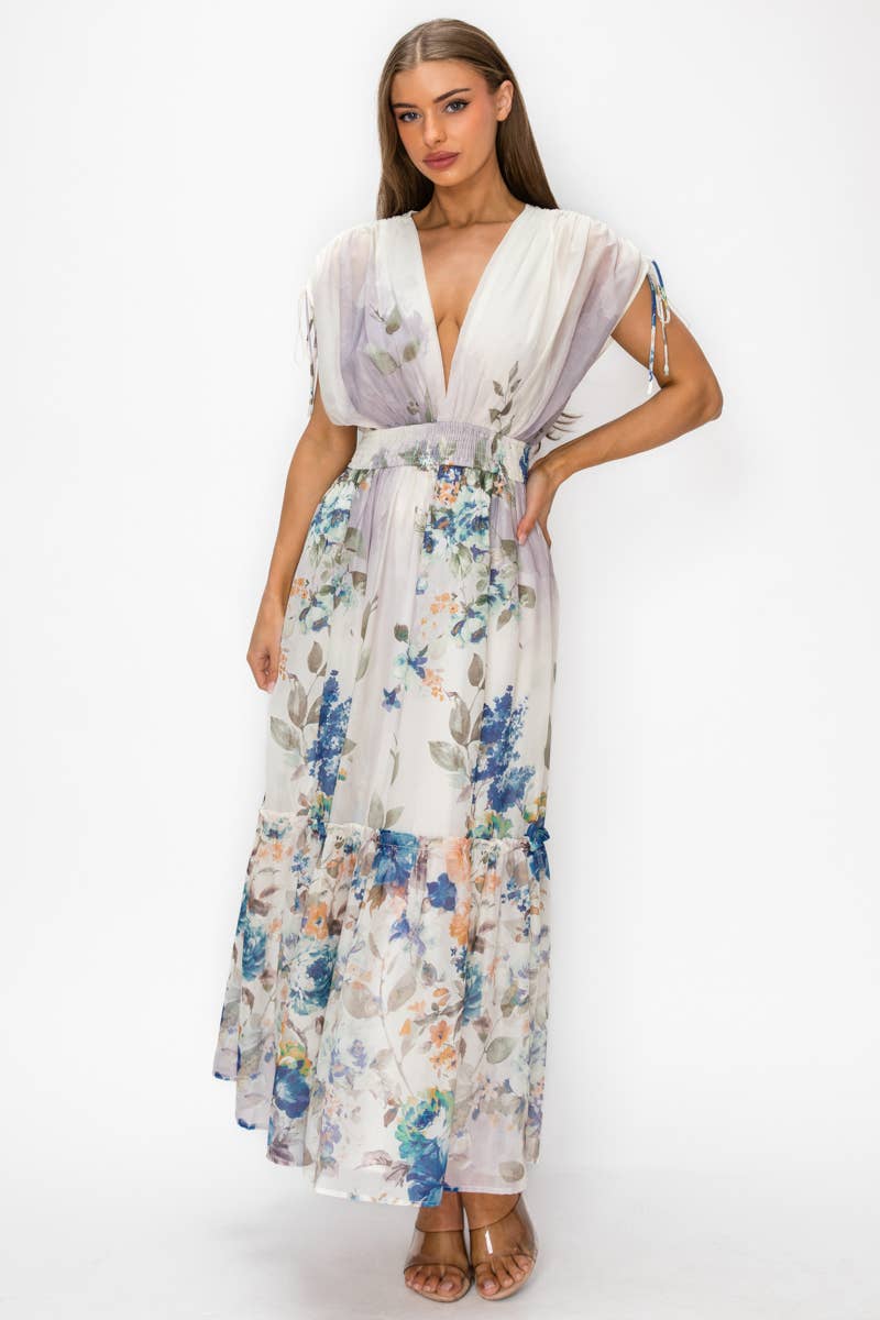 Floral Chiffon Surplice Maxi Dress with Smocked Waist