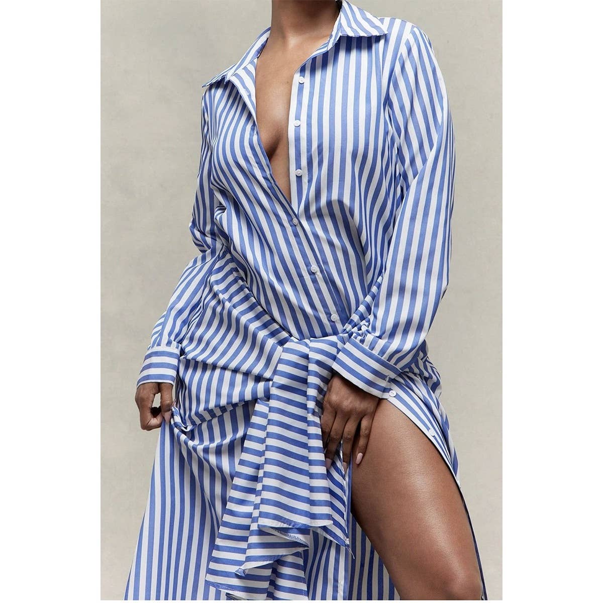 Pinstripe Woven Shirt Tie Waist Maxi Dress