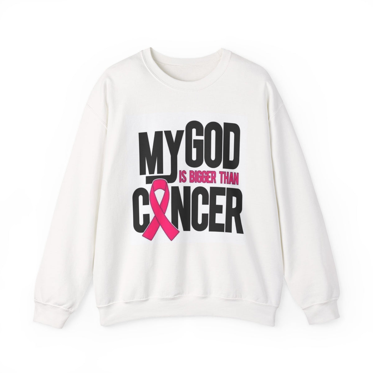 Crewneck Sweatshirt — "My God Is Bigger Than Cancer" Pink Ribbon Faith Support