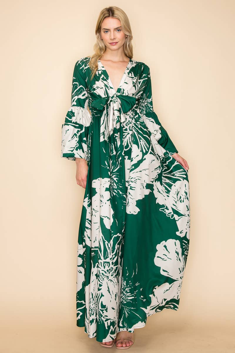 PRINTED V NECK MAXI DRESS