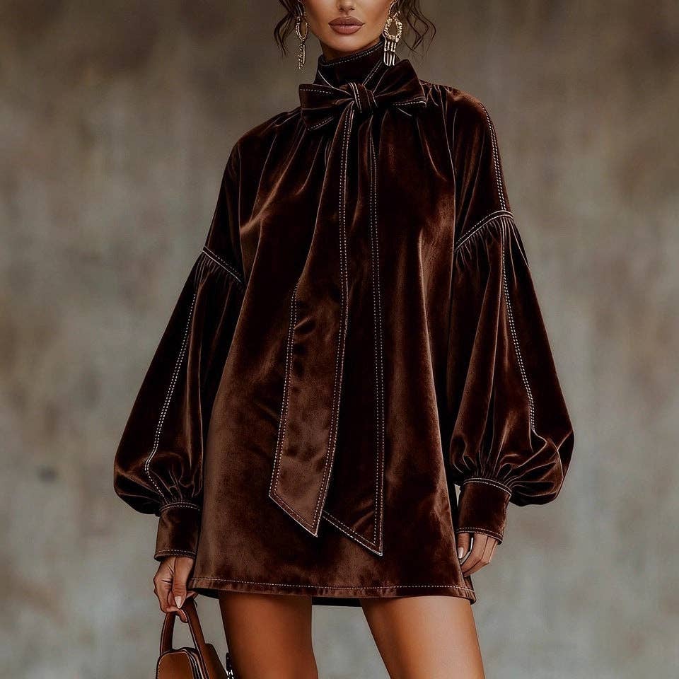 Velvet Tie Neck Balloon Sleeve Mini Dress
