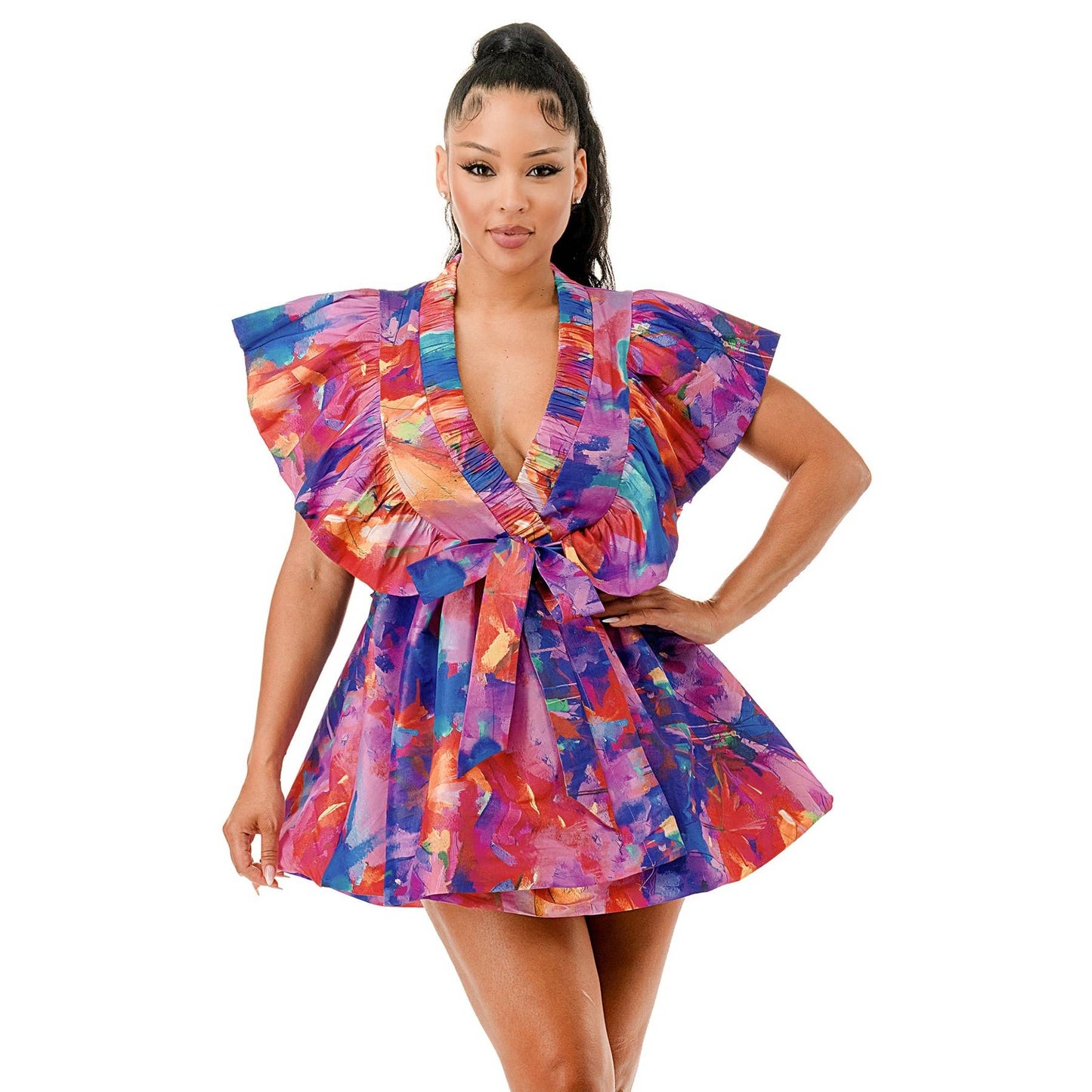 Deep VNeck Ruffle Sleeve Waist Tie Wrap Mini Dress