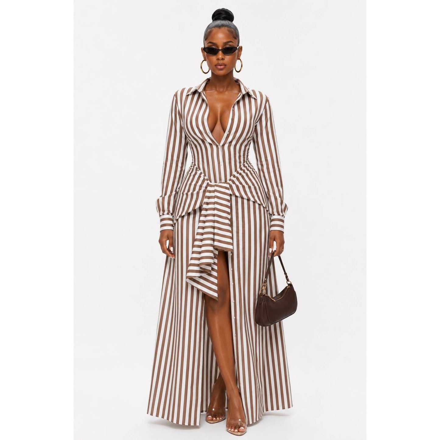 Pinstripe Woven Shirt Tie Waist Maxi Dress