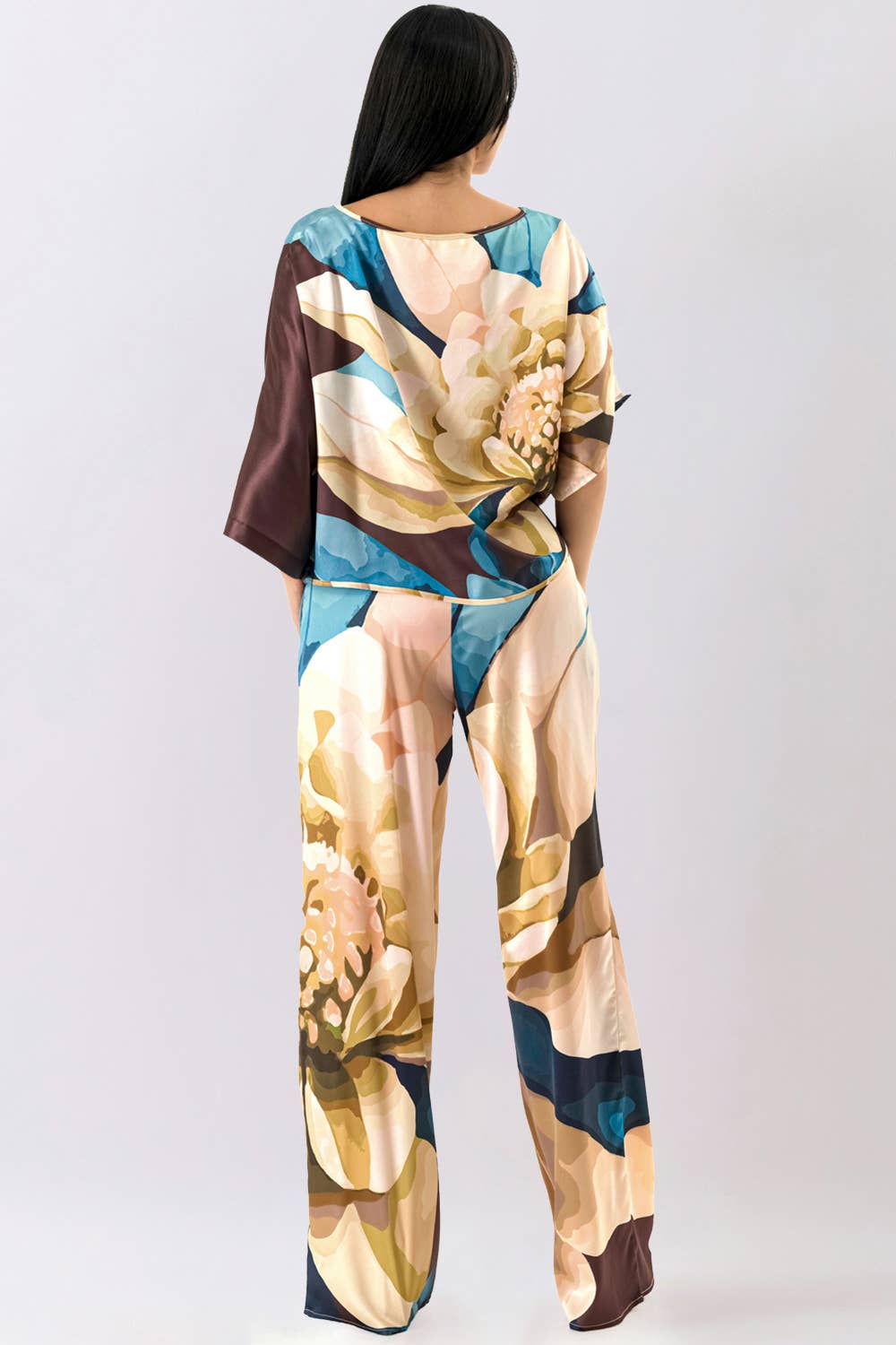 Floral Satin Blouse & Wide Pants Set